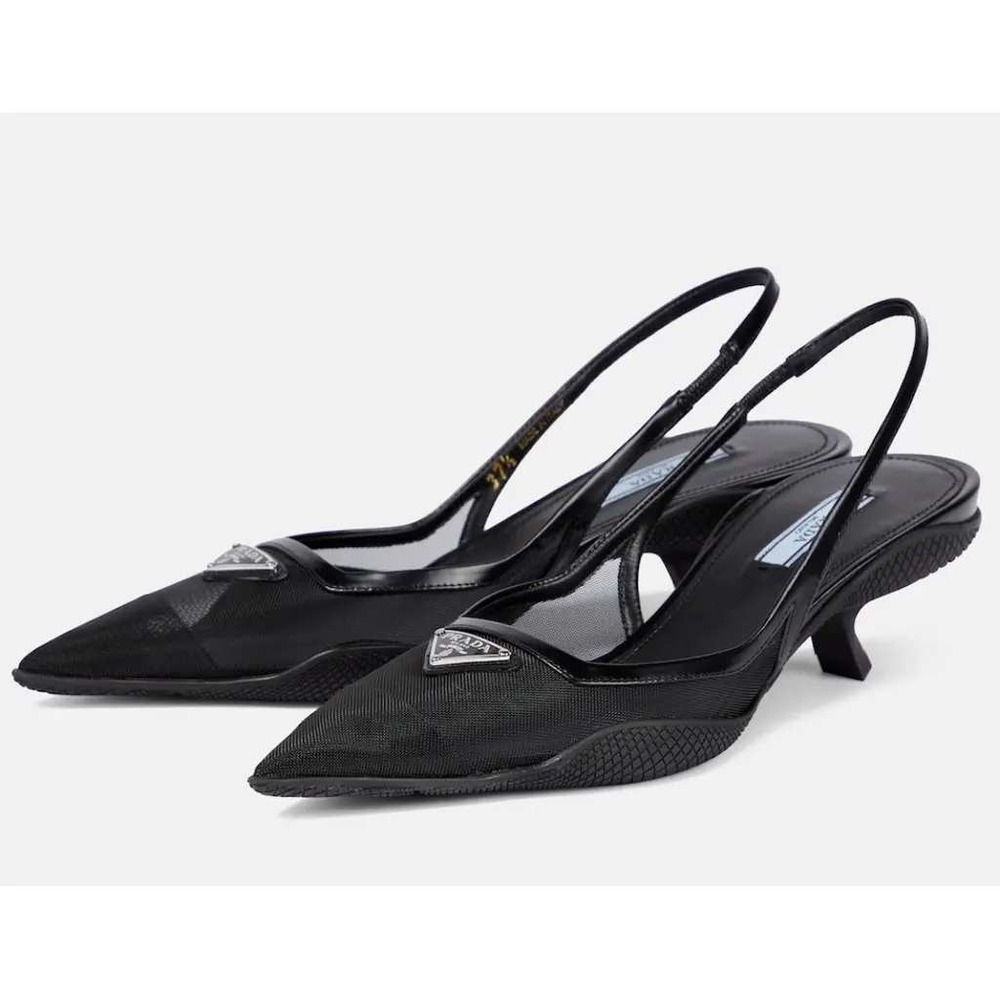 Prada Black Mesh Patent Slingback Kitten Pointed Toe Heel 38.5